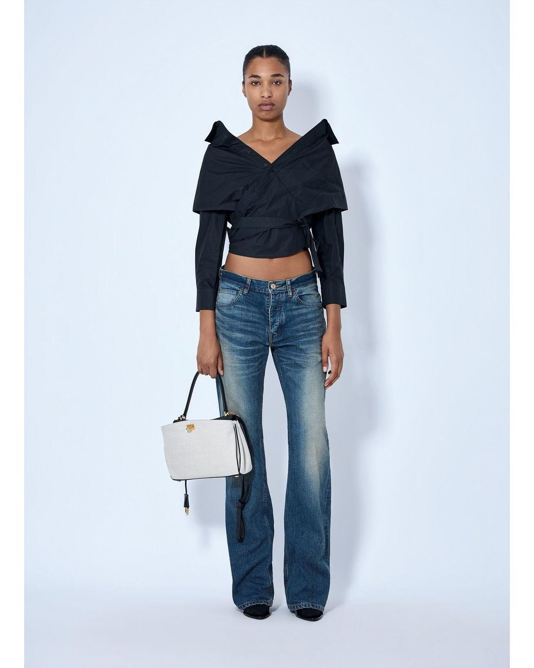 Balenciaga Blue Off-Shoulder Wrap Shirt