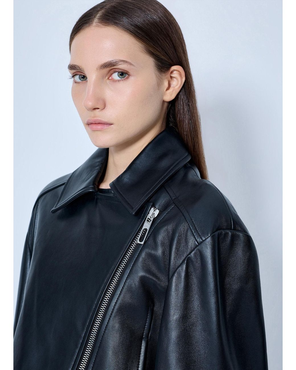 Sportmax Blue Leather Asymmetrical Zip Jacket