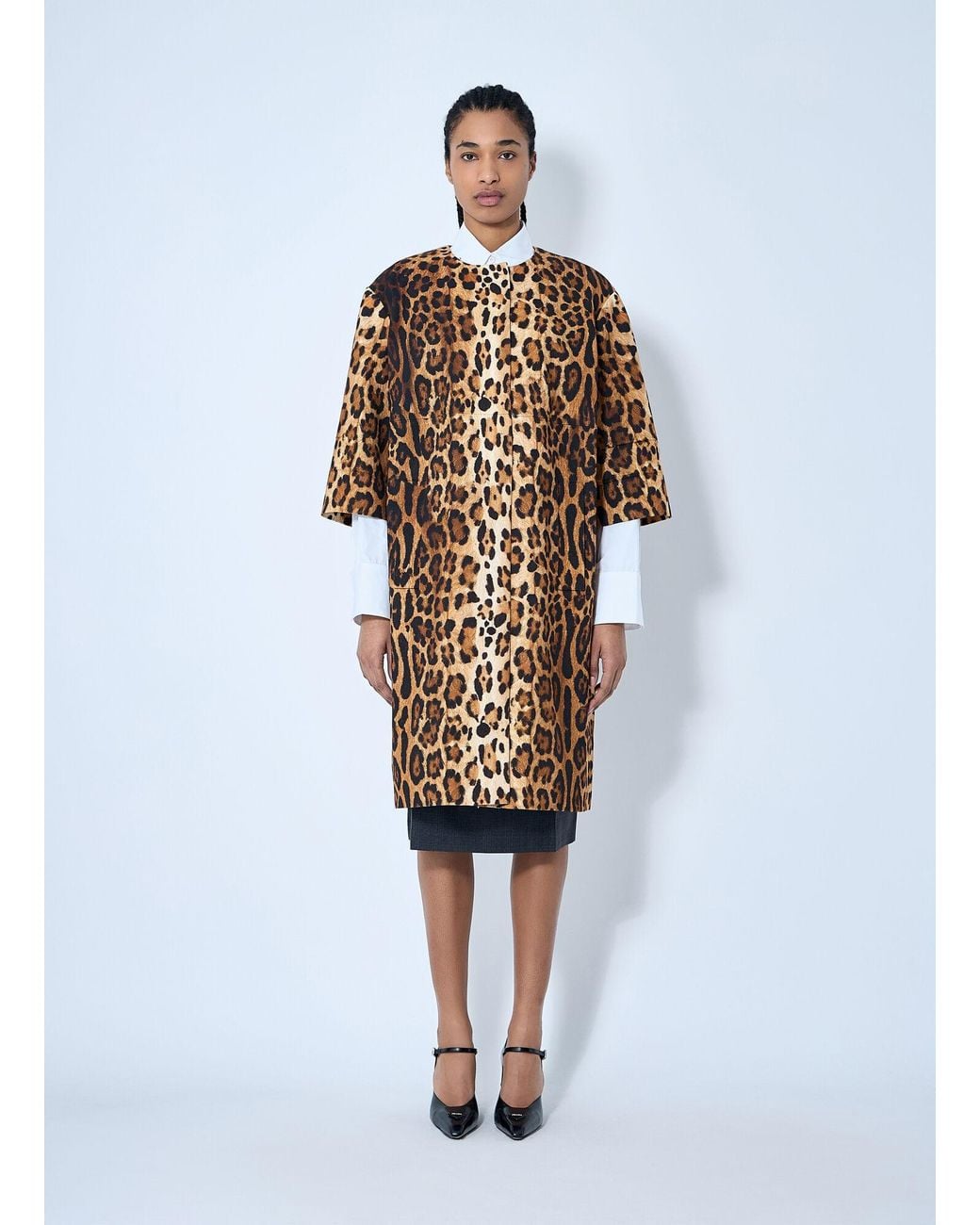 Prada White Single-Breasted Leopard Print Drill Coat