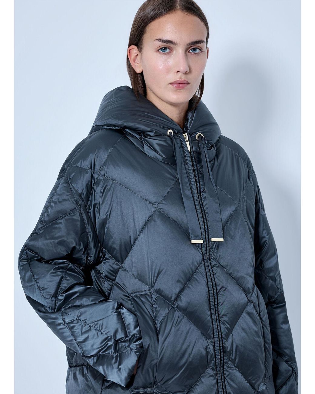 Max Mara Blue Quilted Hooded Coat