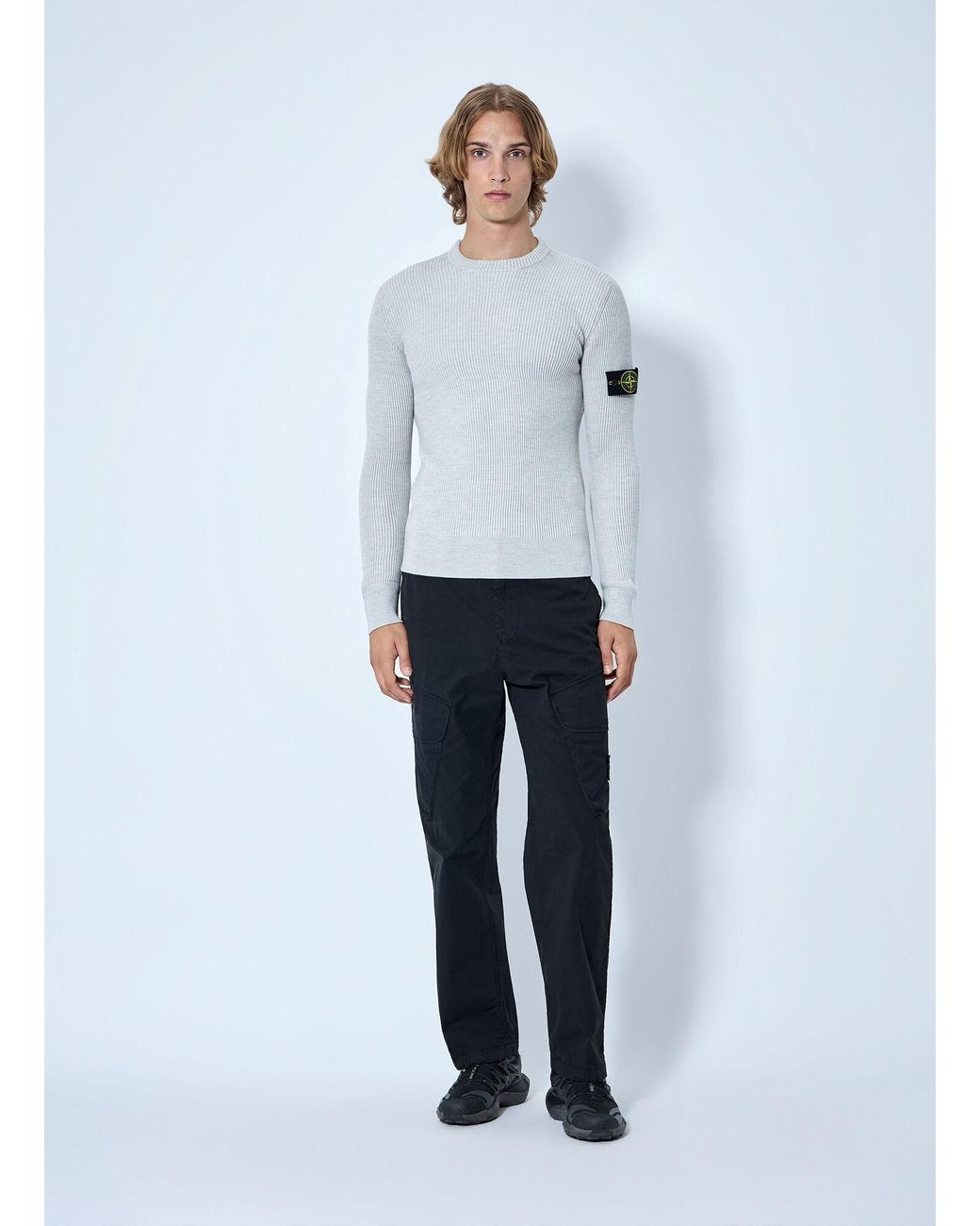 Stone Island White Ribbed Crewneck Sweater for men