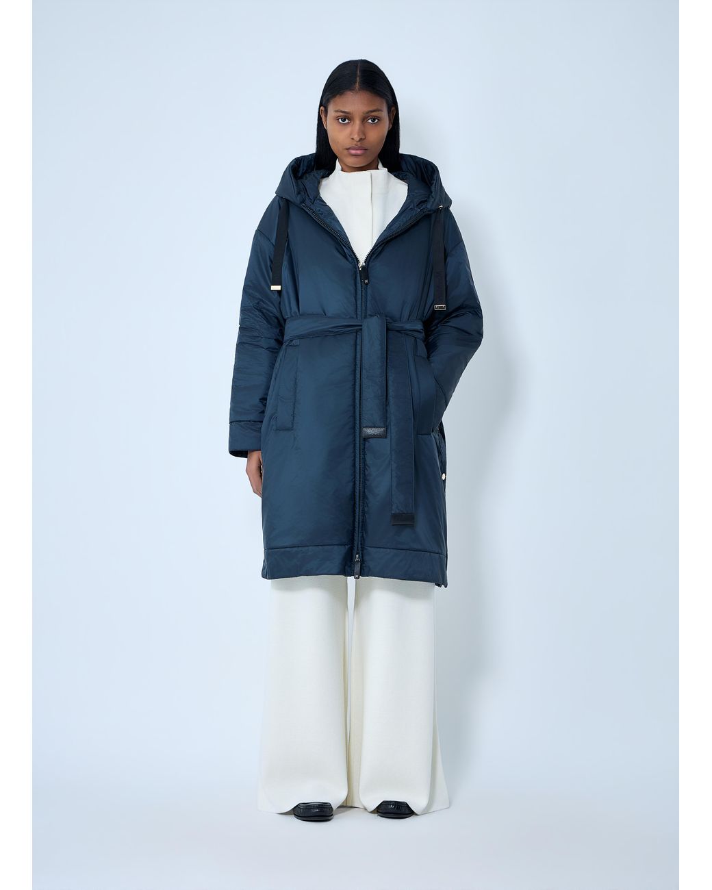 Max Mara Blue Hooded Quilted Coat With Belt