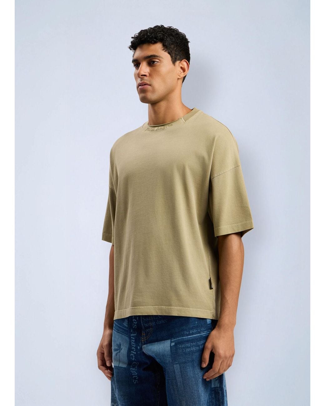 Palm Angels Green Curved Logo Loose Collar T-Shirt for men