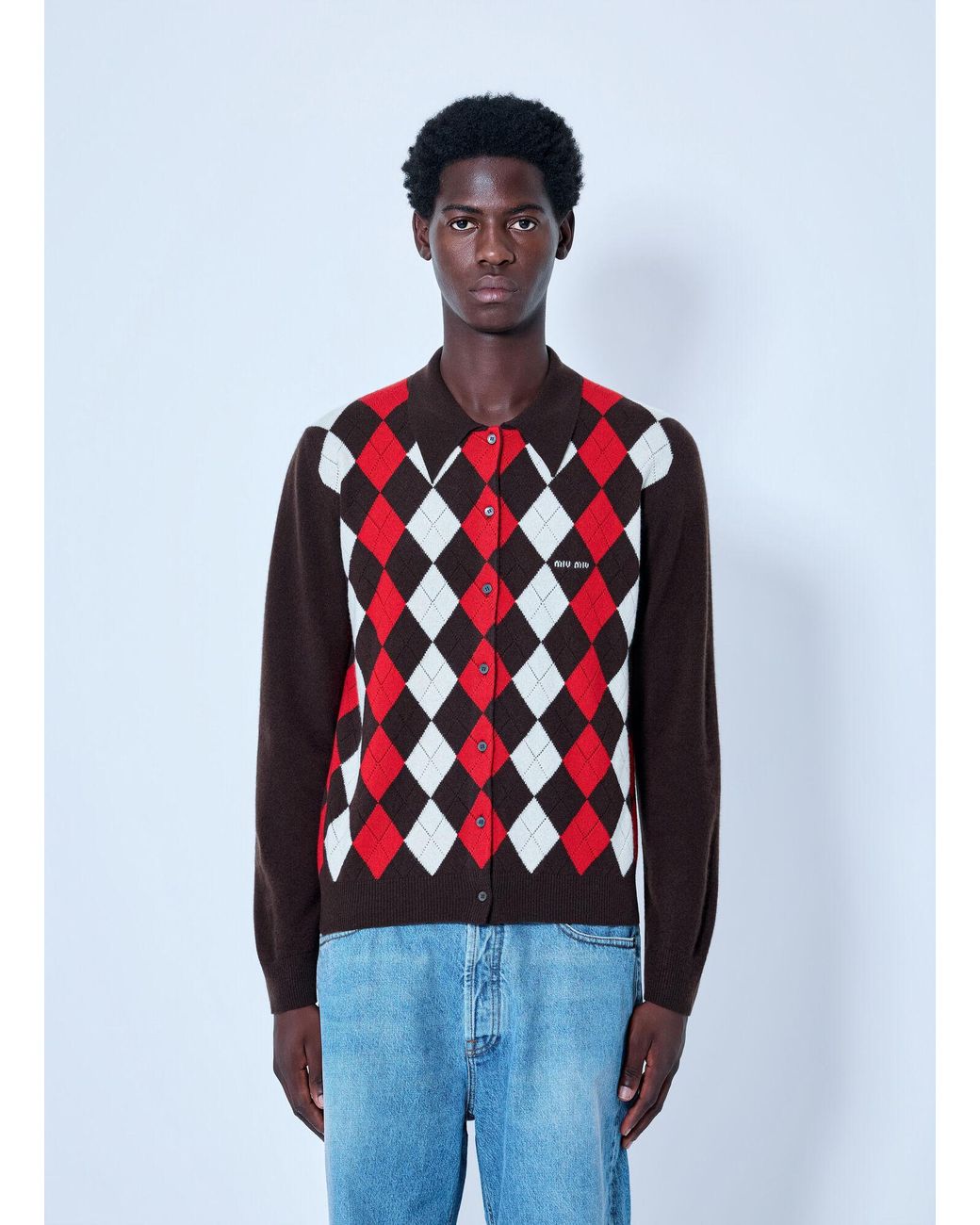 Miu Miu Red Cashmere Argyle Cardigan for men
