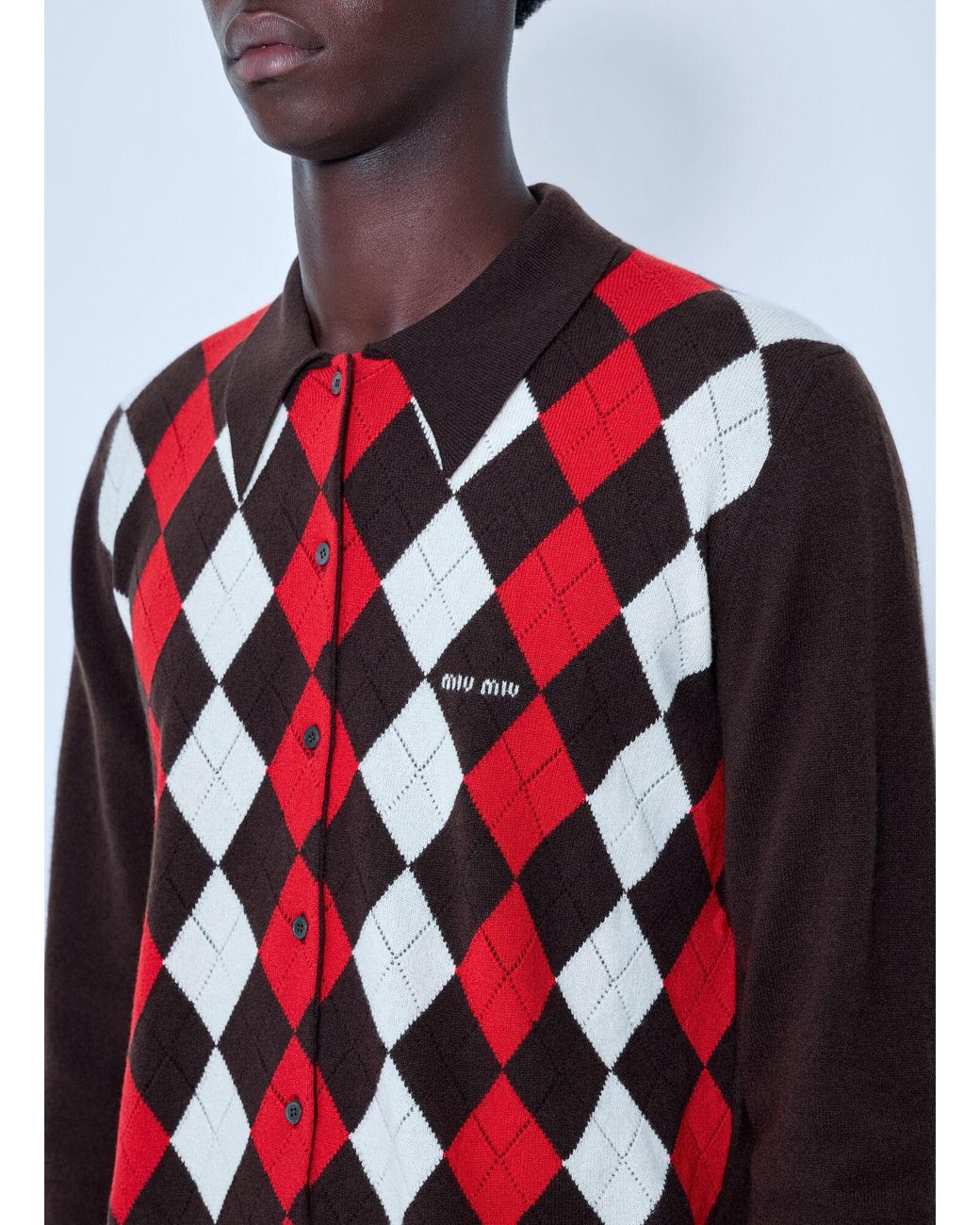 Miu Miu Red Cashmere Argyle Cardigan for men