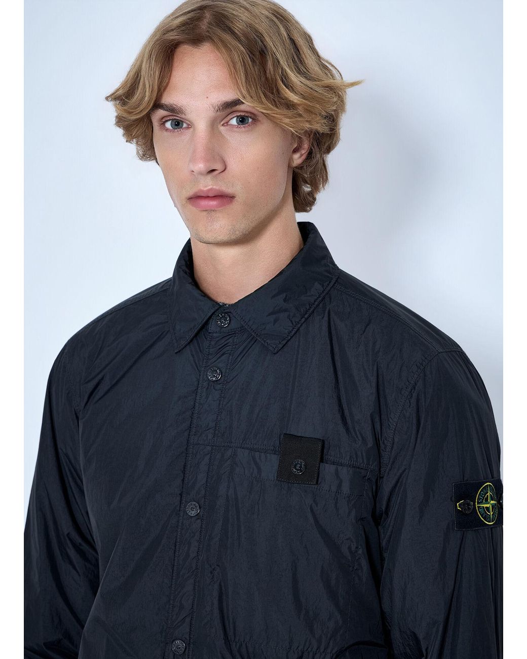 Stone Island Blue Button-Up Nylon Jacket for men