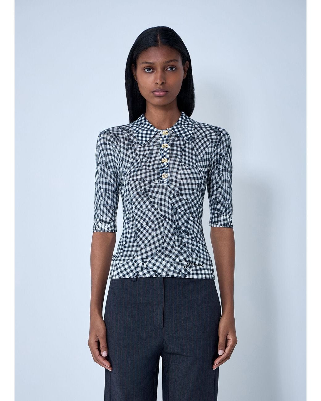 Ganni Blue Mesh Printed Polo Top