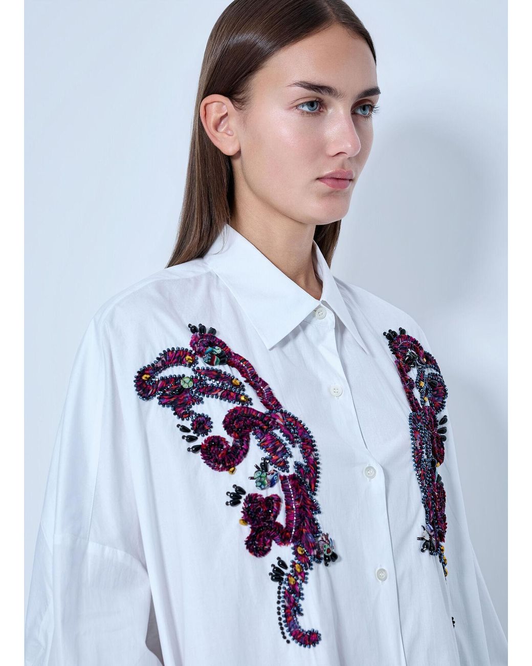 Dries Van Noten Blue Embroidered Casia Oversized Shirt