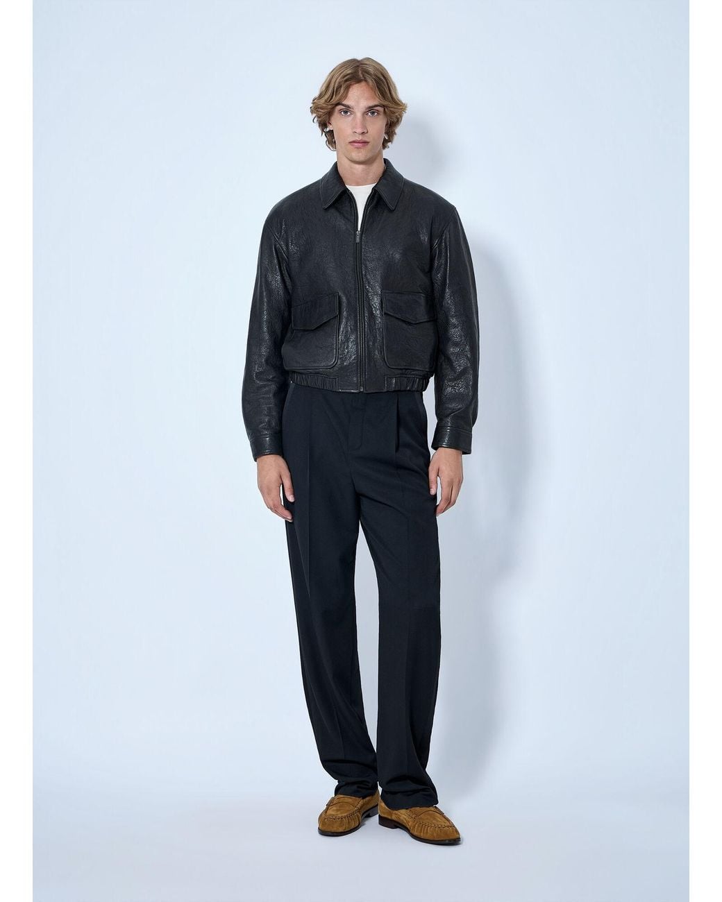 Saint Laurent Blue Zip-Front Leather Jacket for men
