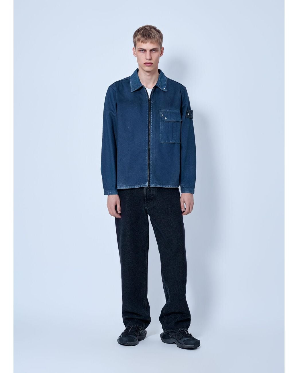 Stone Island Blue Zip-front Overshirt With Patch Pocket for men
