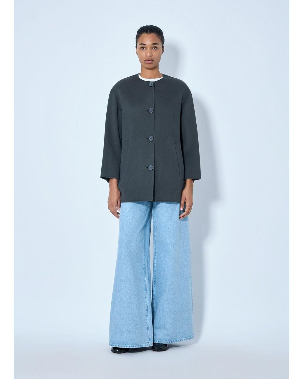 Max Mara Blue Minimalist Wool Coat With Scarf