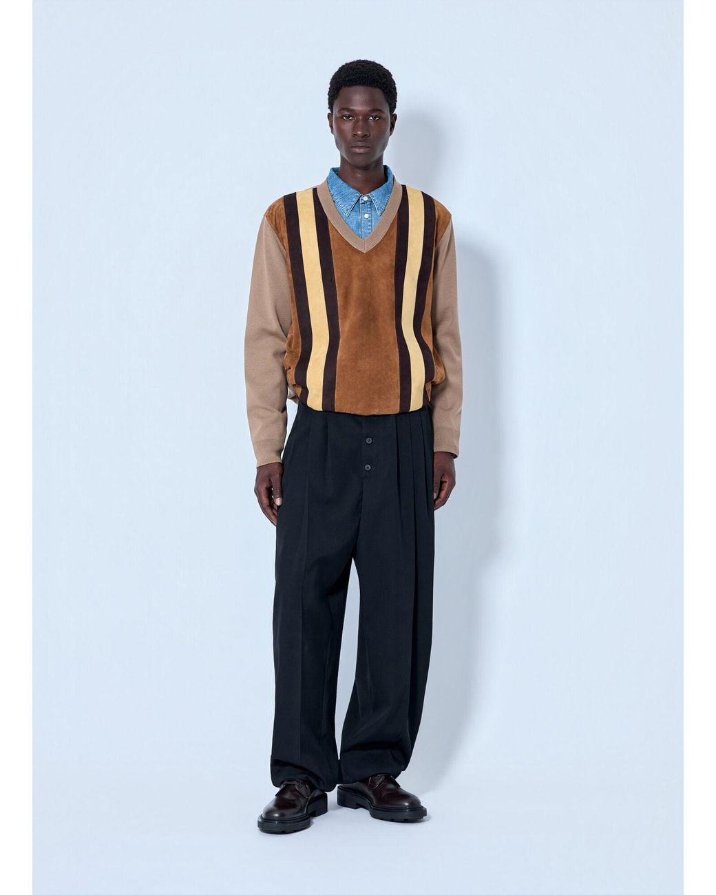 Miu Miu Blue V-Neck Sweater With Contrast Stripes for men