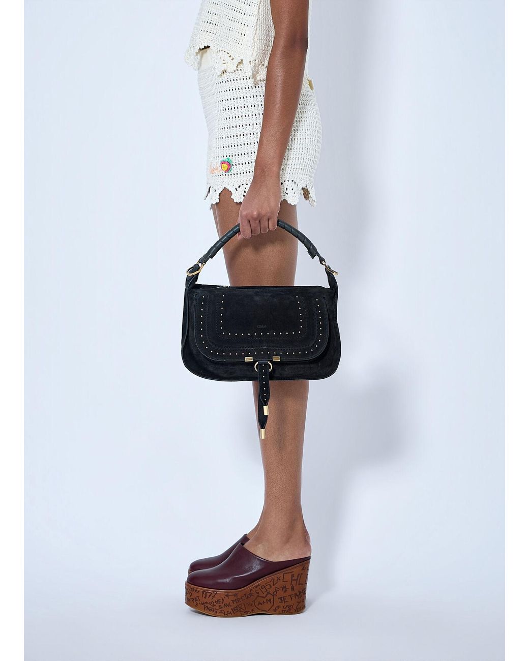 Chloé Blue Chloé Marcie Medium Studded Suede Shoulder Bag