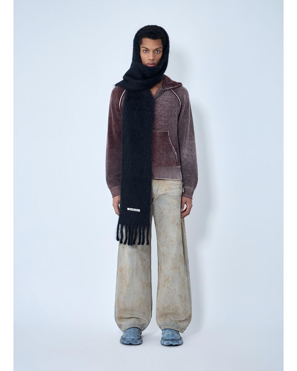 Acne Blue Fringed Wool Scarf for men