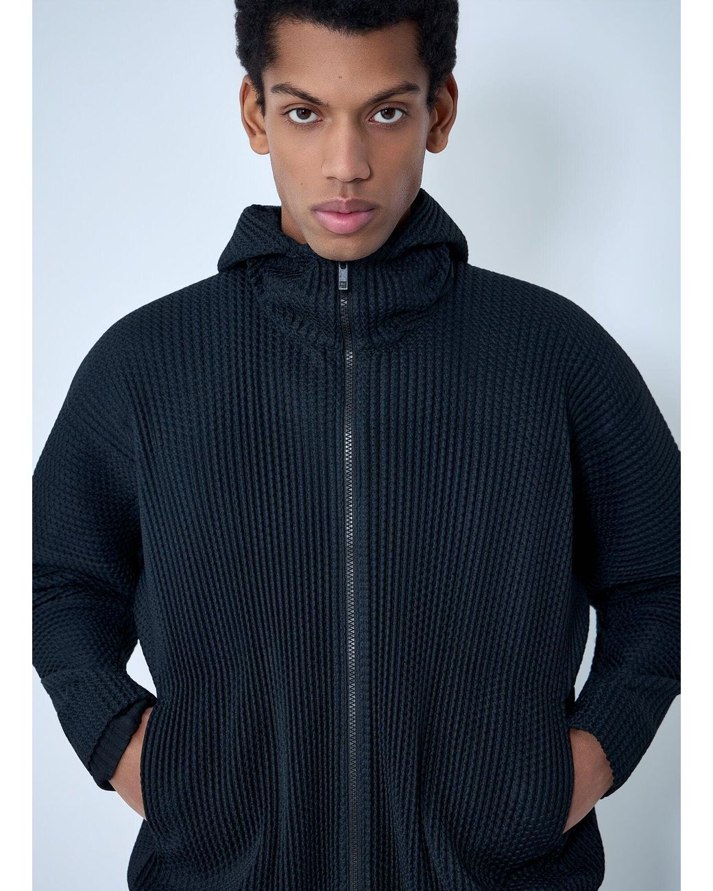 Homme Plissé Issey Miyake Blue Pleated Zip-Up Hooded Sweater for men