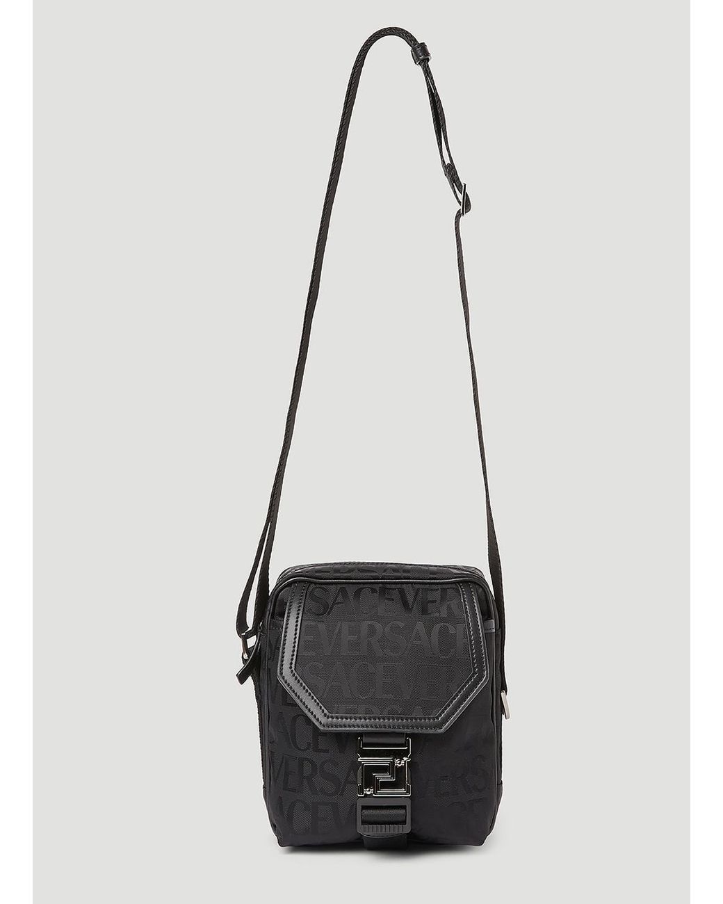 Versace Logo Jacquard Sling Crossbody Bag in Black-Ruthenium