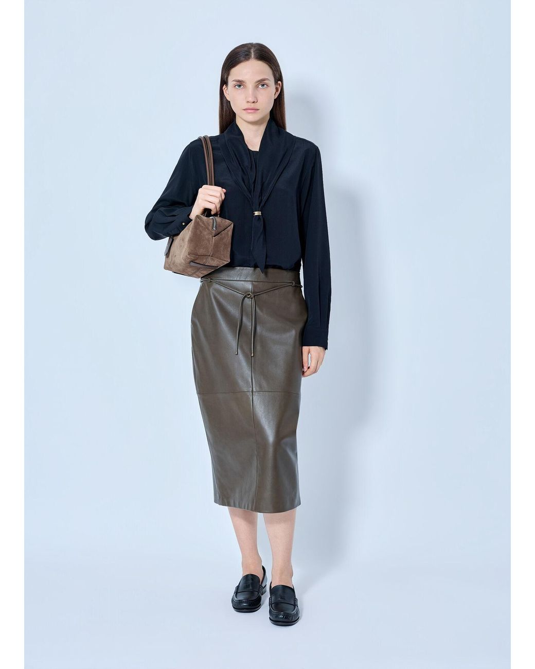 Max Mara Gray Leather Midi Skirt
