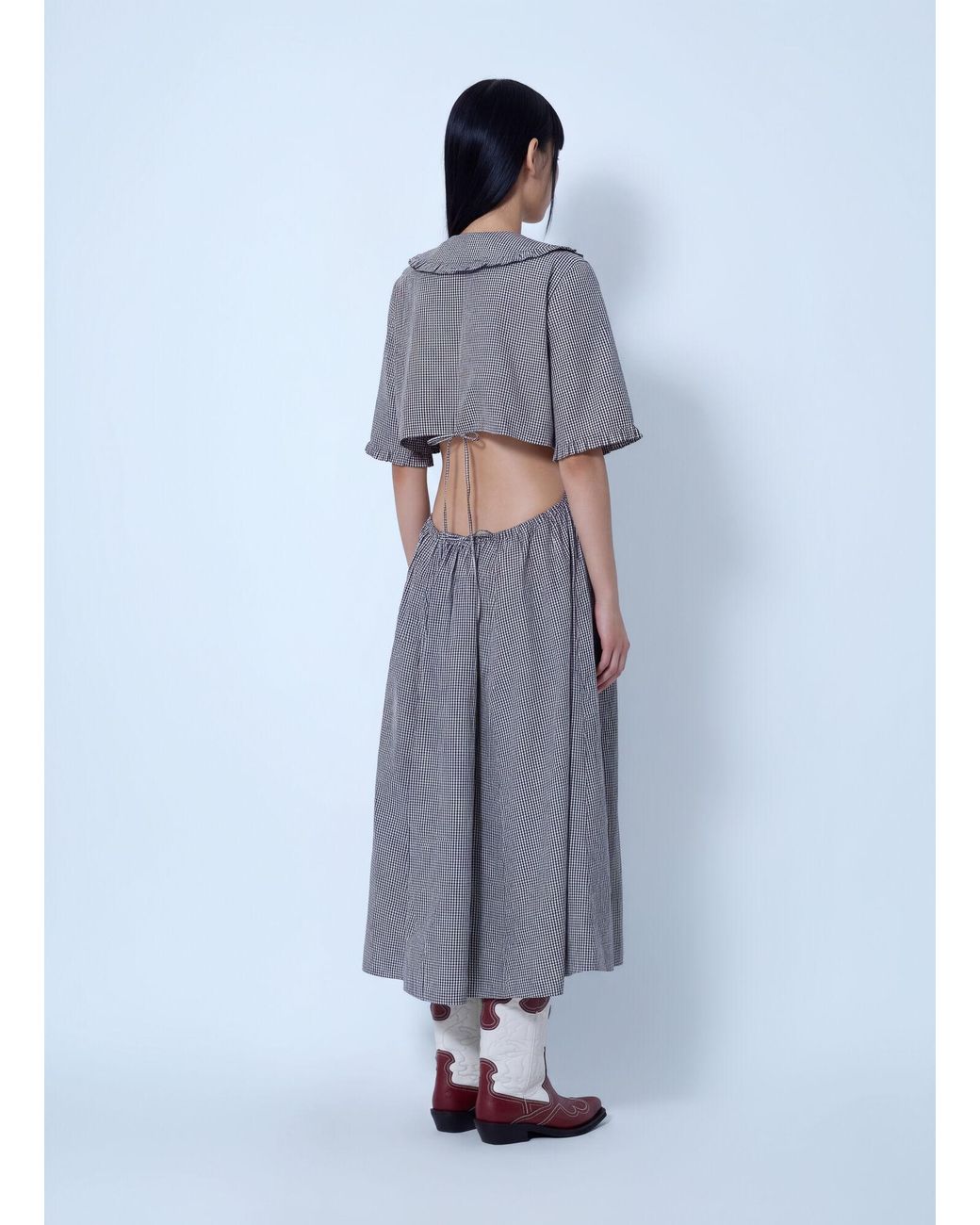 Ganni Blue Check Cotton Cut Out Midi Dress