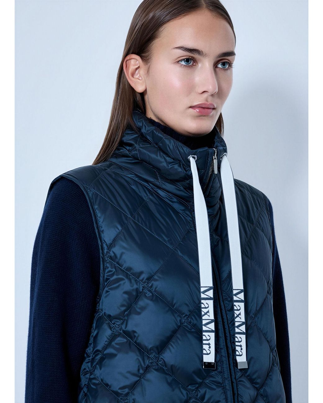 Max Mara Blue Quilted Gilet With Drawstring Collar