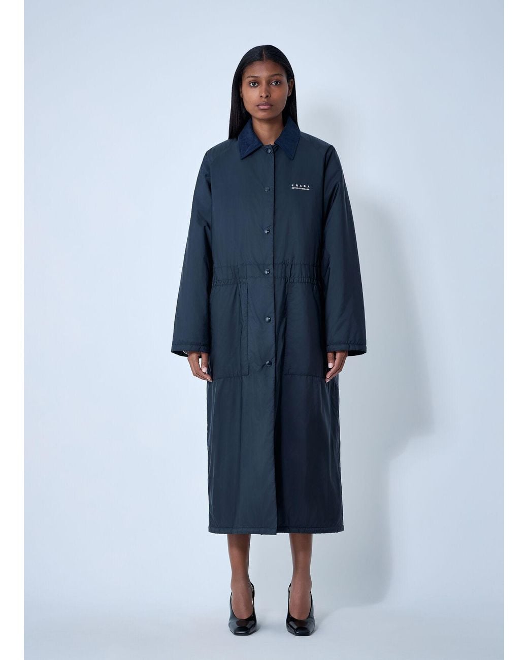 Prada Blue Logo Print Long Coat