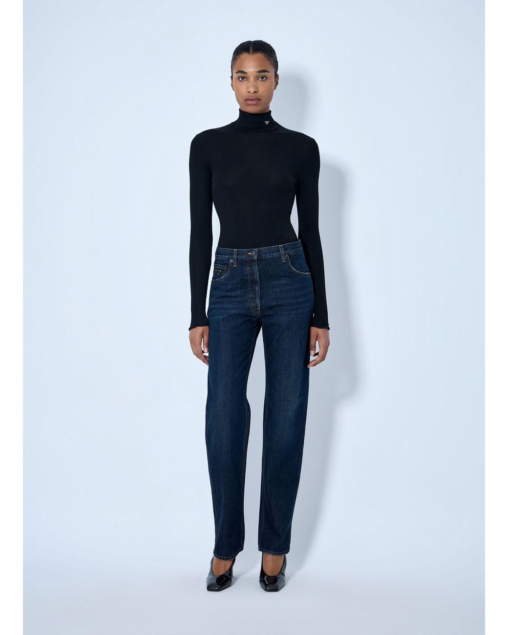 Prada Blue Ribbed Turtleneck Top