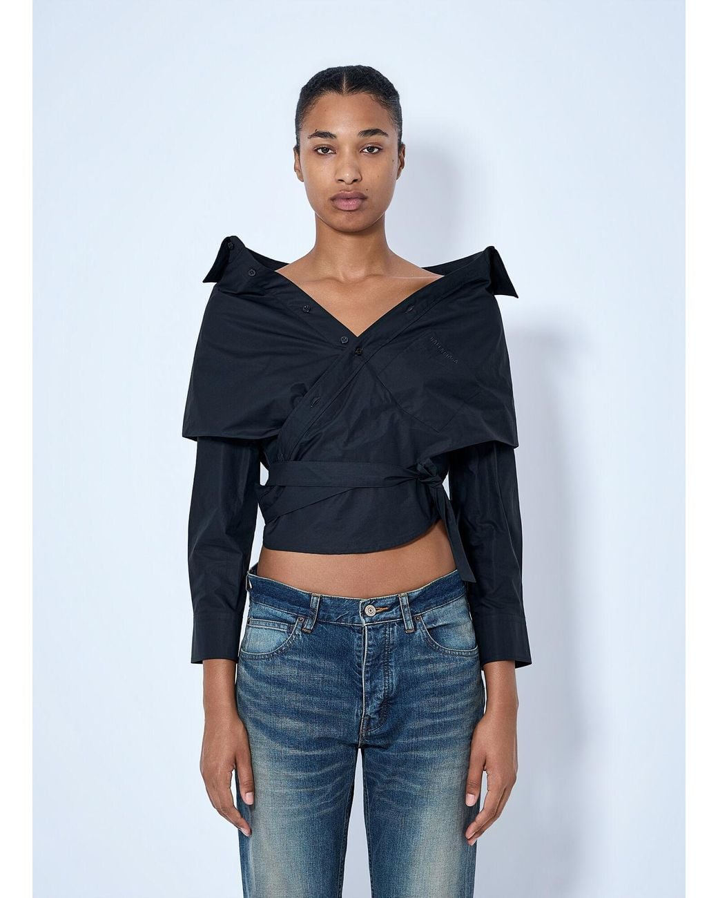 Balenciaga Blue Off-Shoulder Wrap Shirt