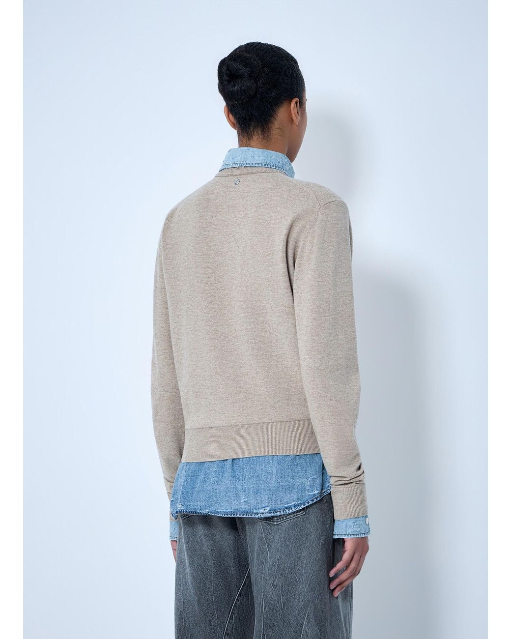 Acne Blue Layered Knit Sweater With Denim Shirt Detail