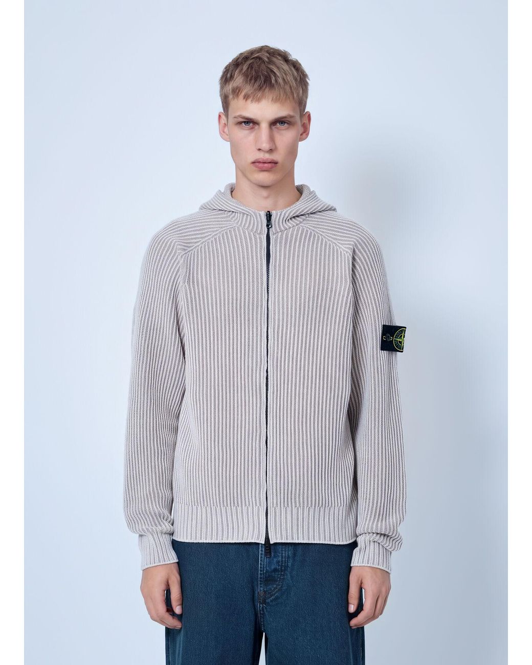 Stone Island Gray Ribbed Knit Hoodie for men