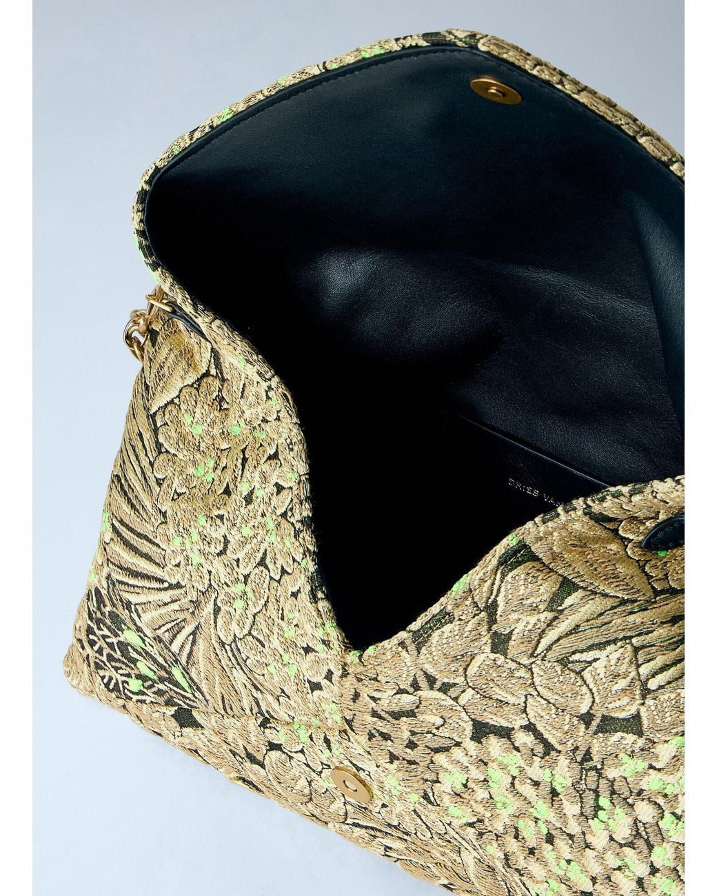 Dries Van Noten Green Floral Embroidered Clutch With Chain Strap