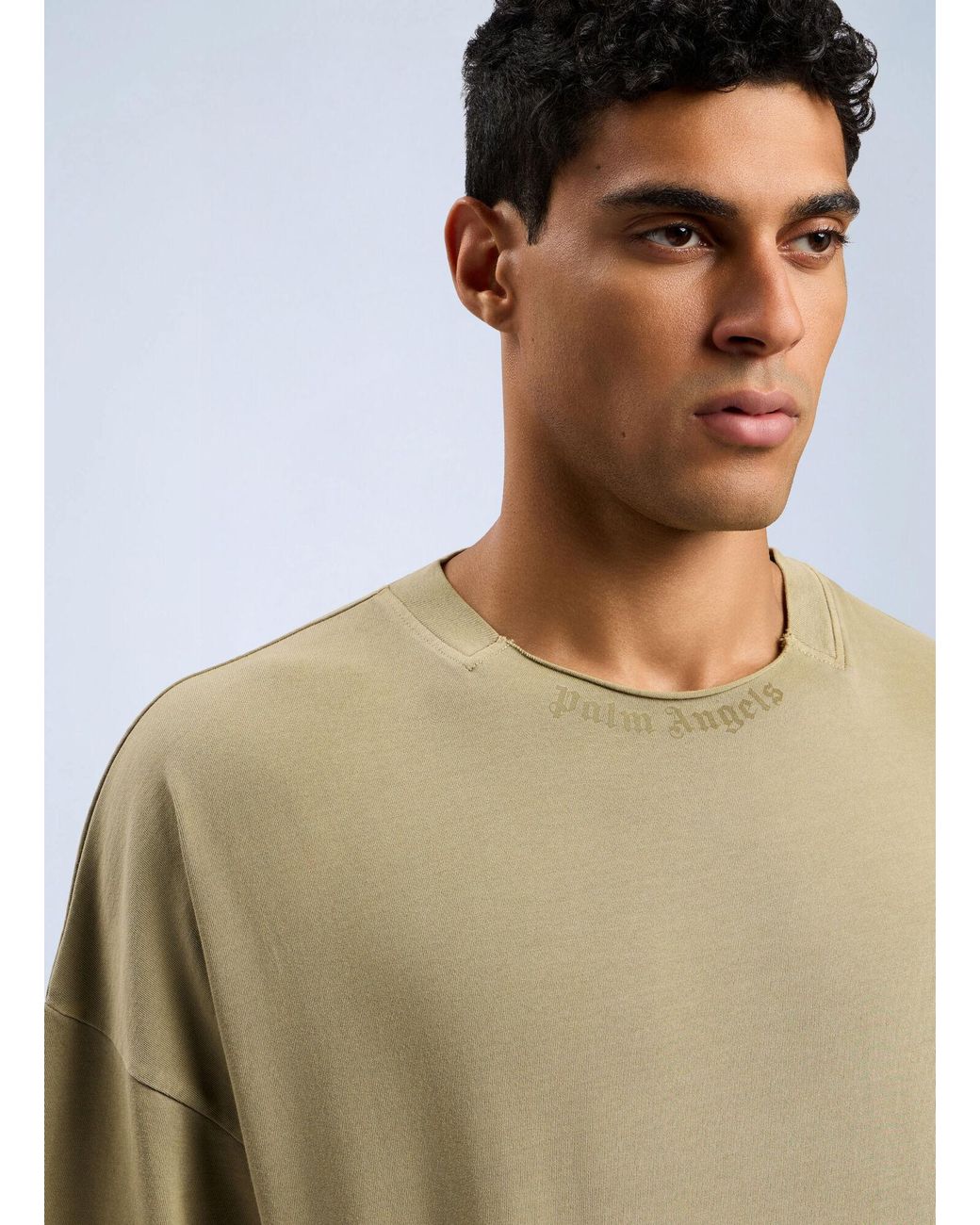 Palm Angels Green Curved Logo Loose Collar T-Shirt for men