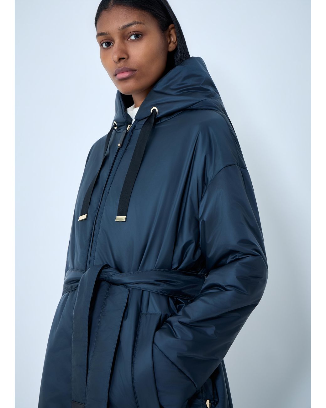 Max Mara Blue Hooded Quilted Coat With Belt
