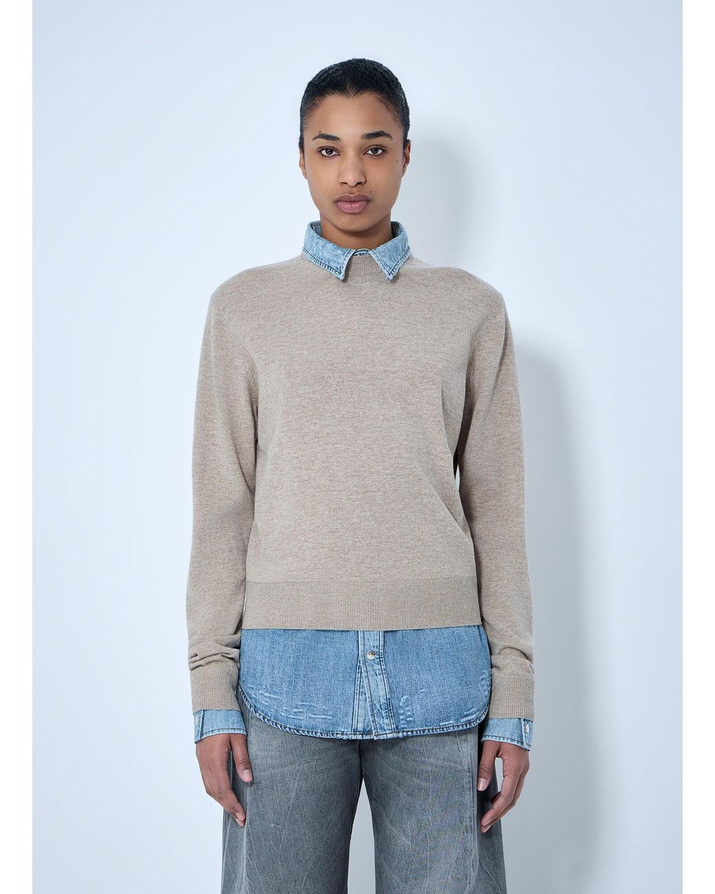Acne Blue Layered Knit Sweater With Denim Shirt Detail