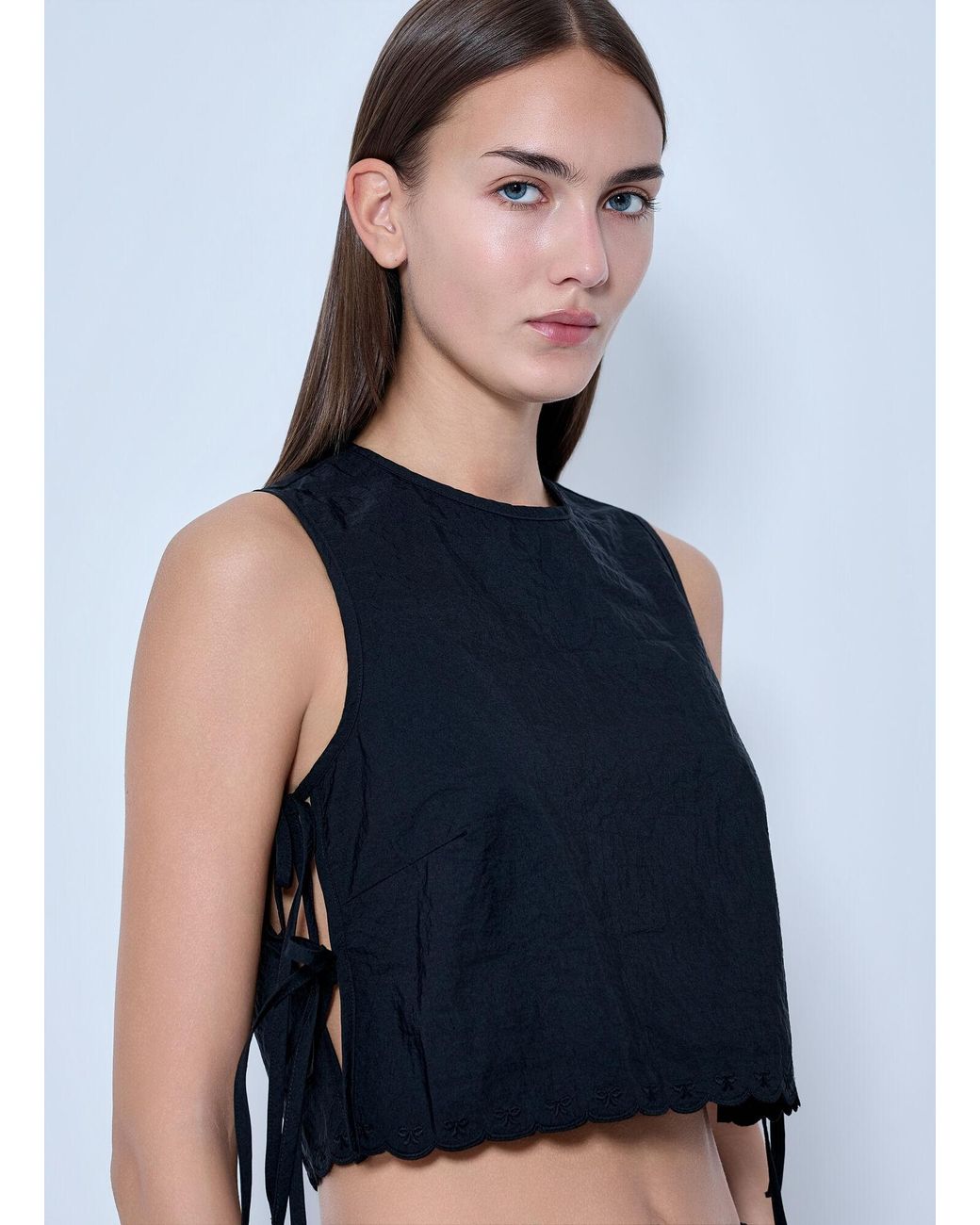CECILIE BAHNSEN Blue Embroidered Taffeta Lace-up Top