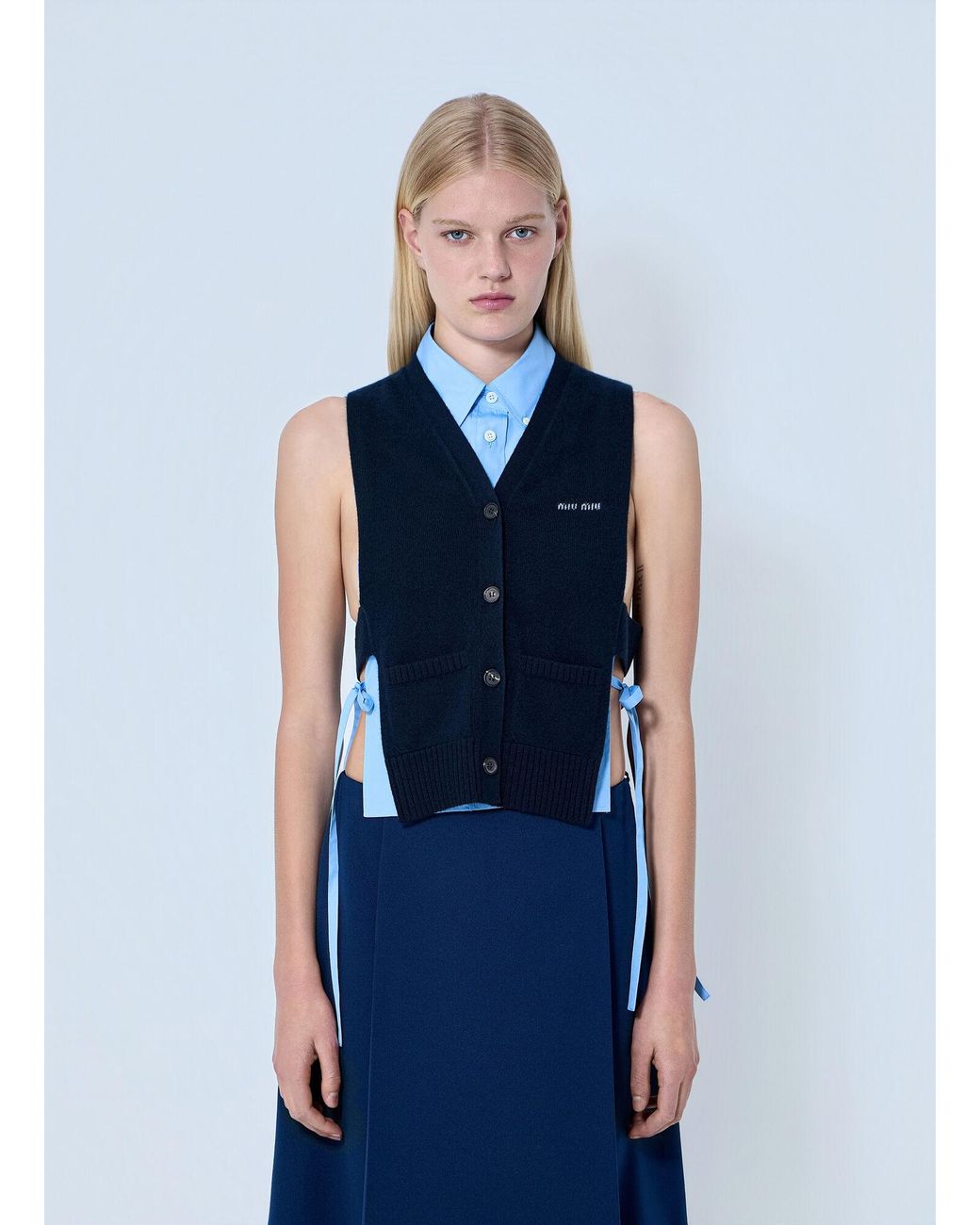 Miu Miu Blue V-Neck Logo Vest