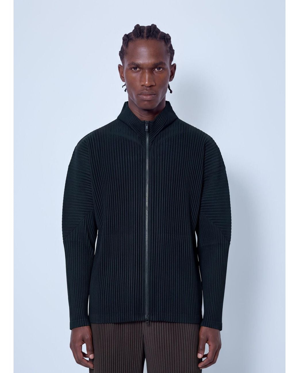 Homme Plissé Issey Miyake Blue Pleated High Neck Cardigan for men