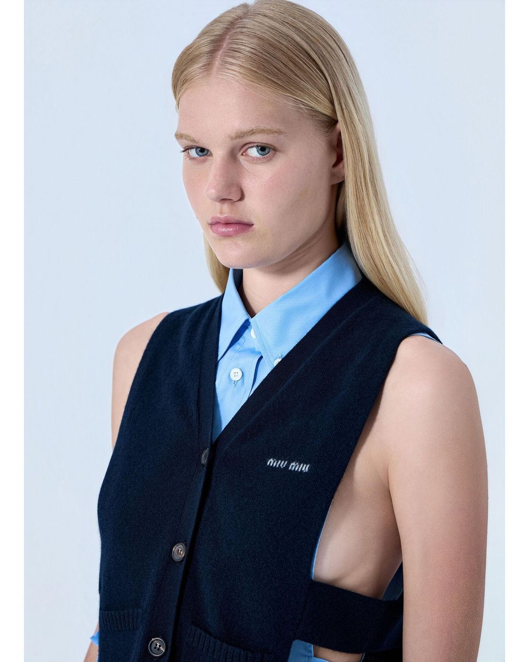Miu Miu Blue V-Neck Logo Vest