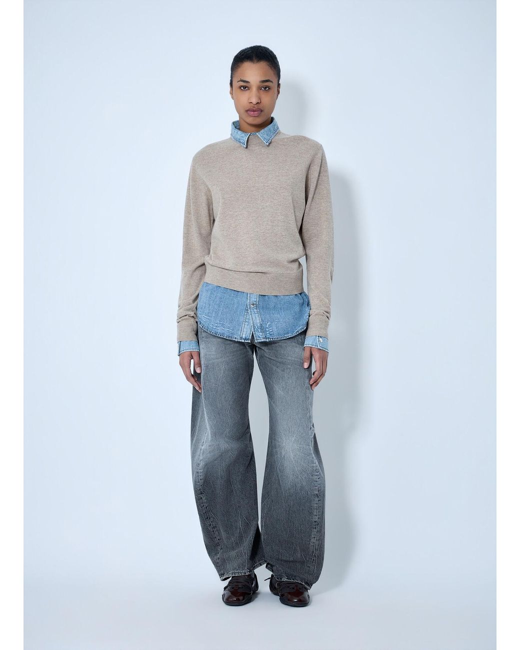 Acne Blue Layered Knit Sweater With Denim Shirt Detail