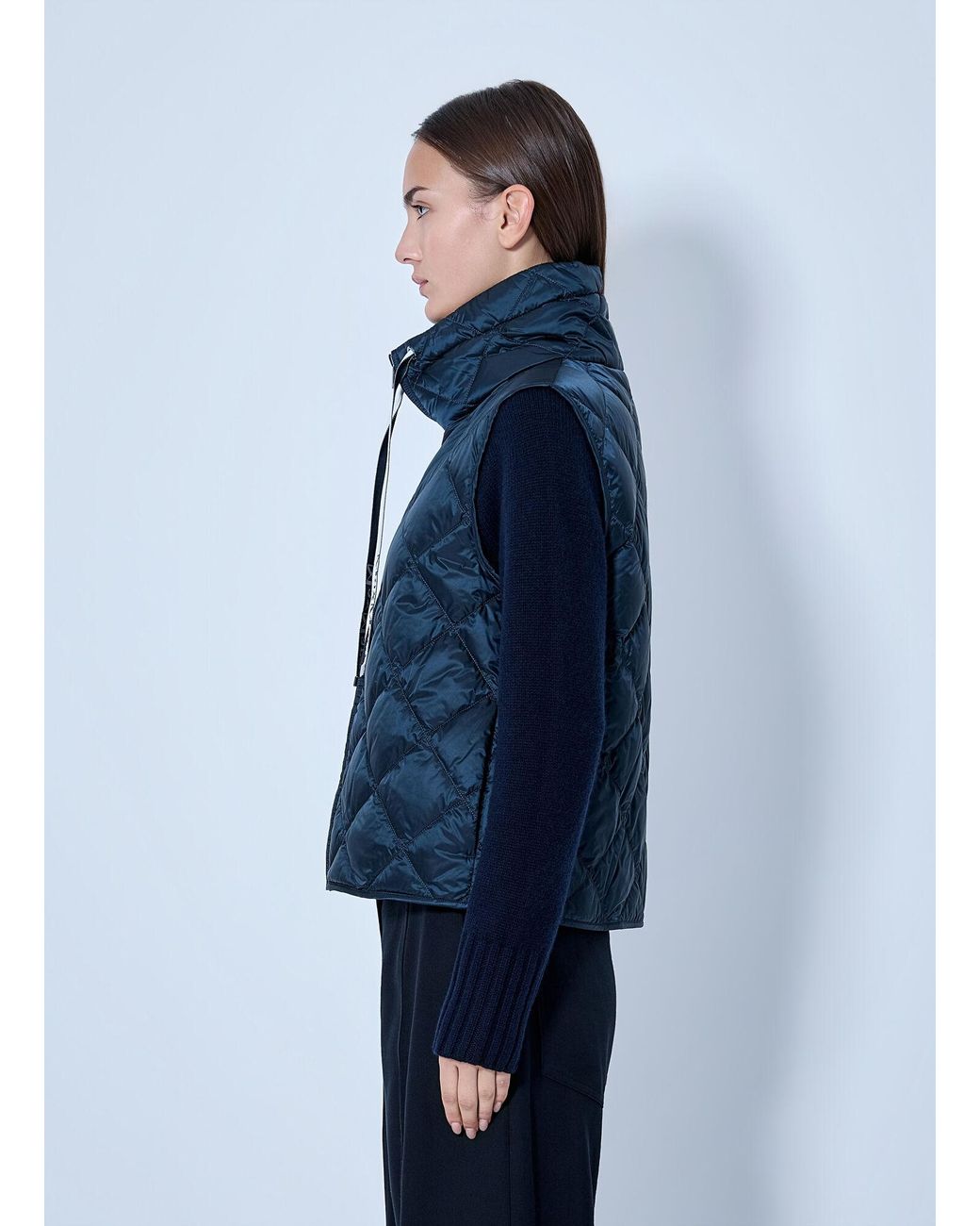 Max Mara Blue Quilted Gilet With Drawstring Collar