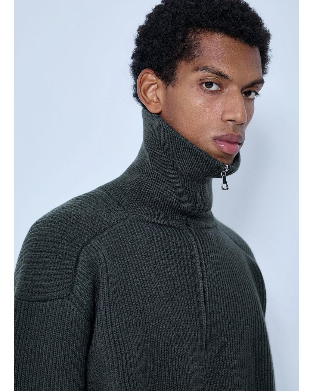 Rier Gray Ribbed High Neck Sweatshirt for men
