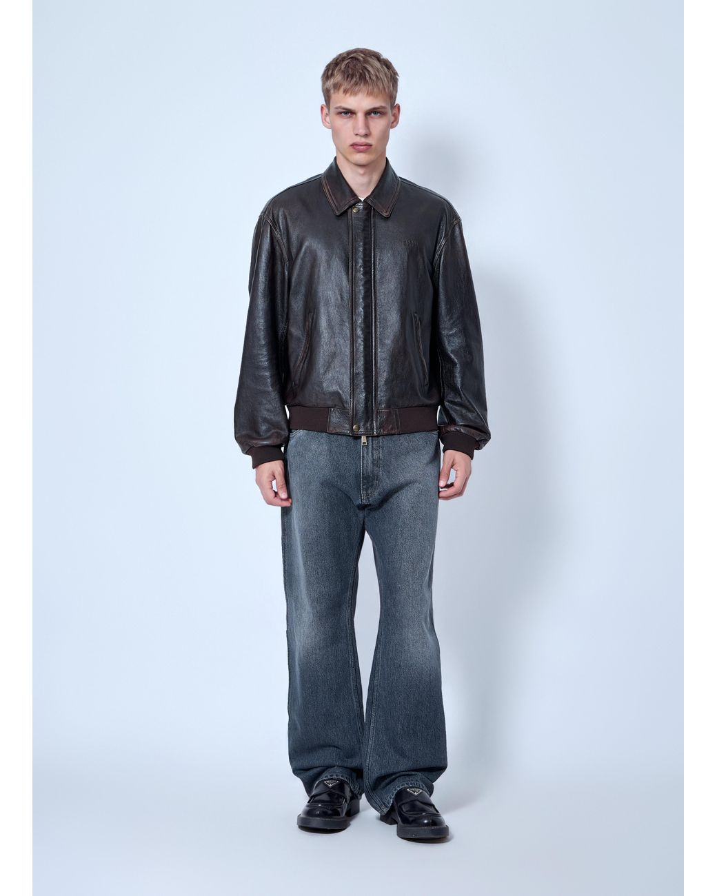 Prada Gray Nappa Leather Bomber Jacket for men