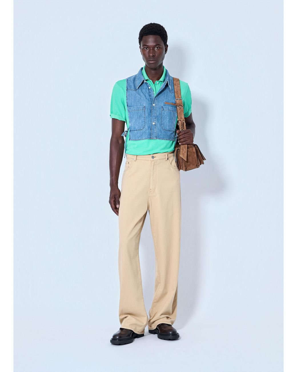 Miu Miu Blue Cropped Chambray Tie Shirt for men