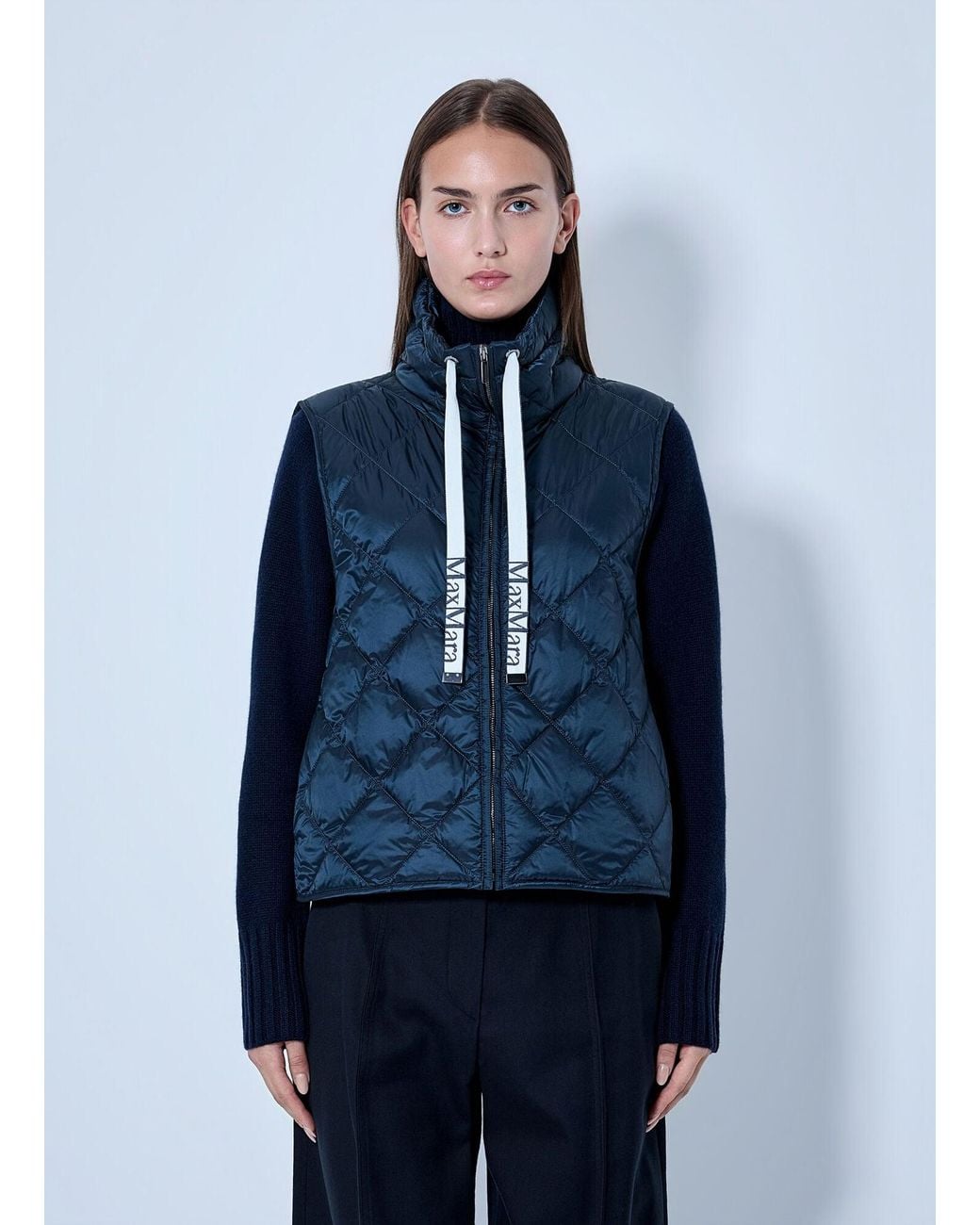 Max Mara Blue Quilted Gilet With Drawstring Collar