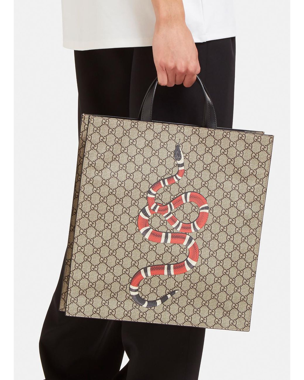 Gucci Men's Snake Print Gg Supreme Tote Bag In Brown | Lyst