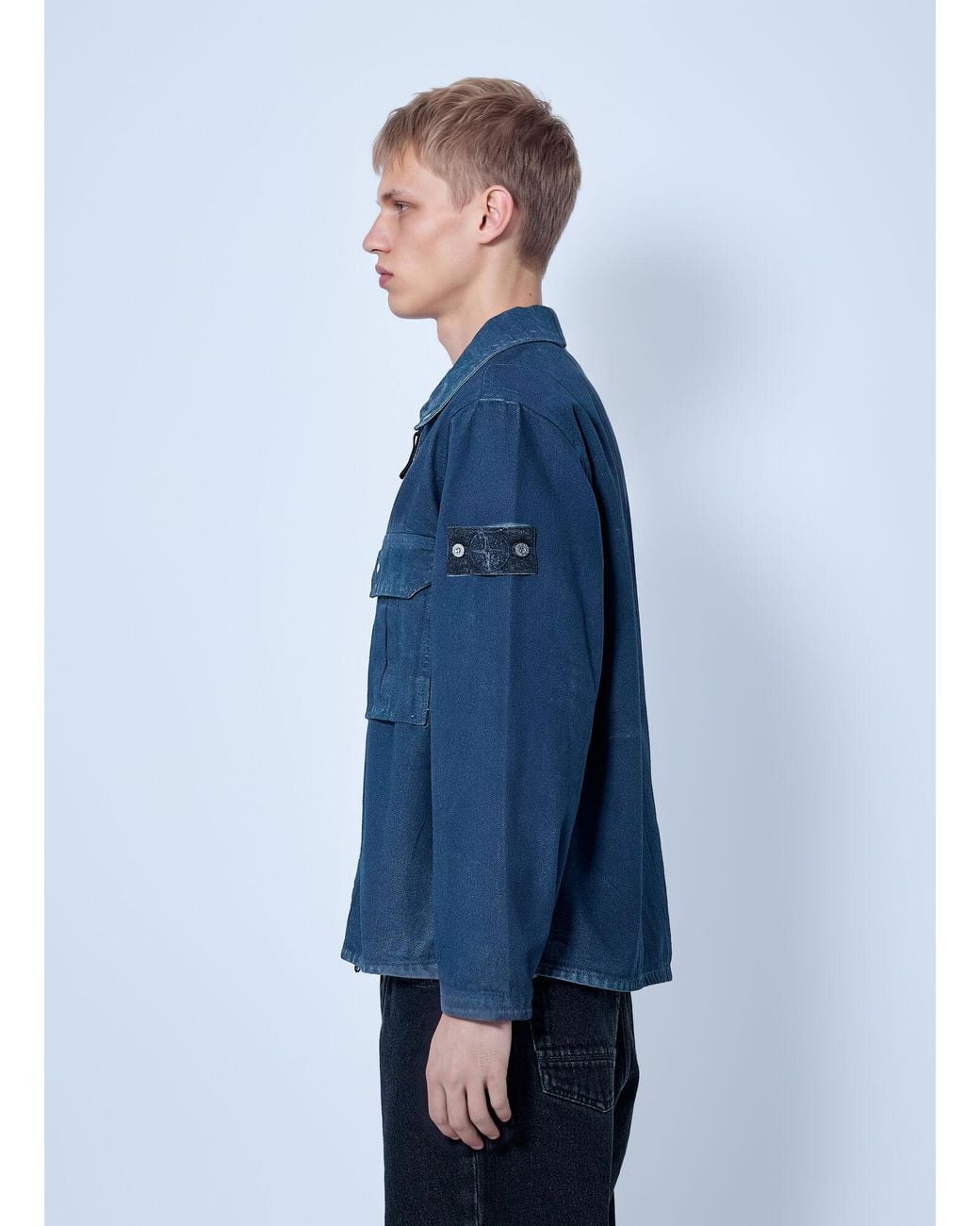 Stone Island Blue Zip-front Overshirt With Patch Pocket for men