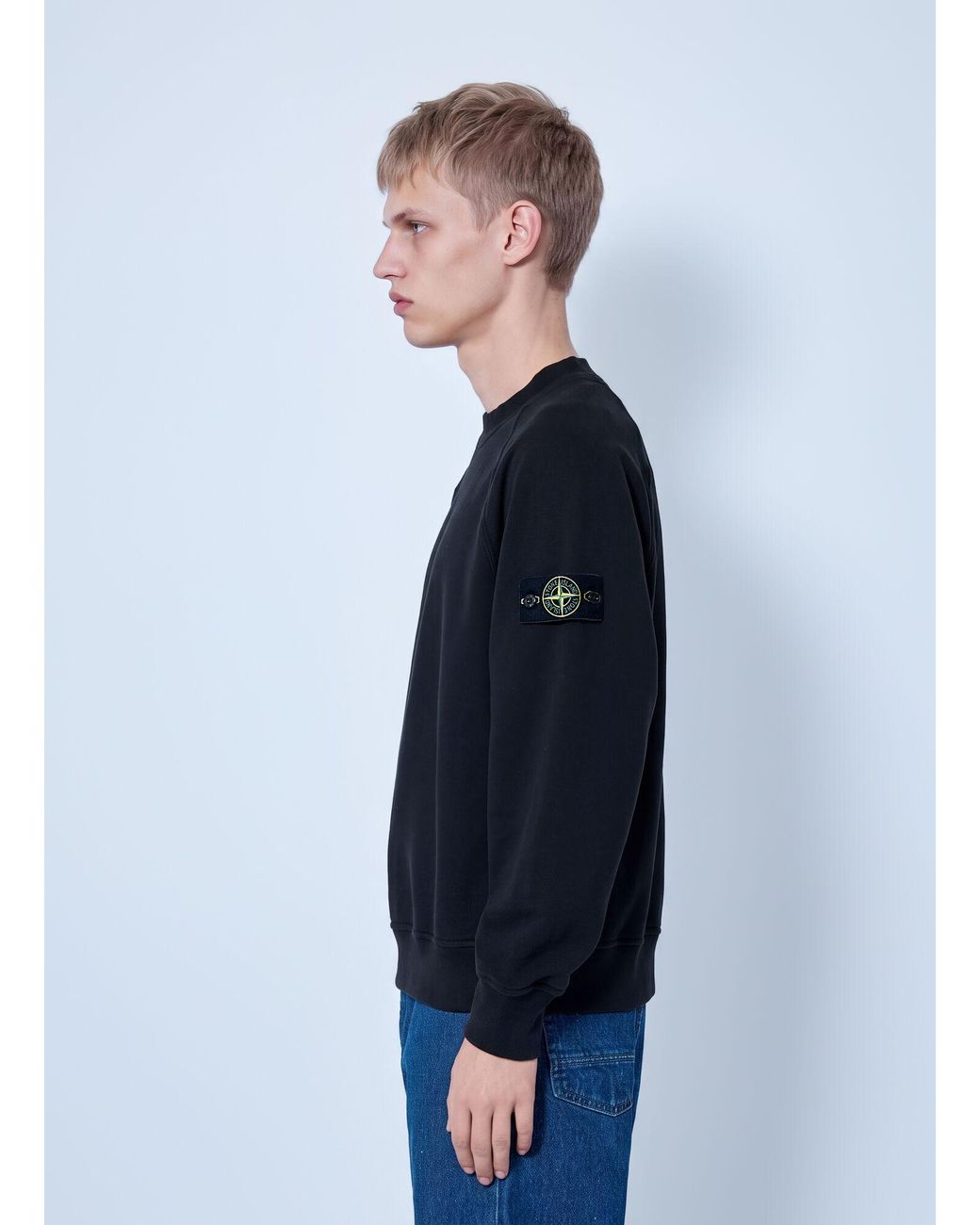 Stone Island Blue Crewneck Sweatshirt With Sleeve Logo Patch for men
