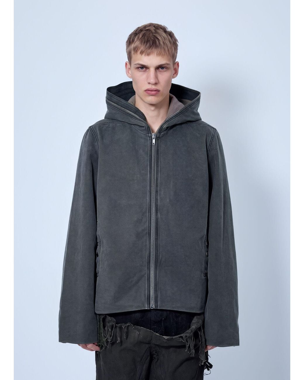 Rick Owens Gray Zip-Up Hooded Jacket for men