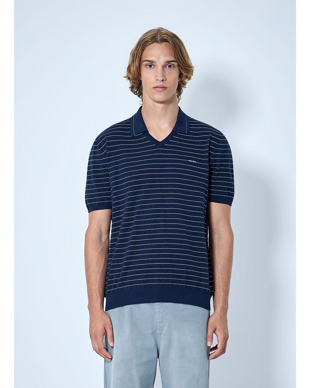 Miu Miu Blue Striped V-Neck Polo Shirt for men
