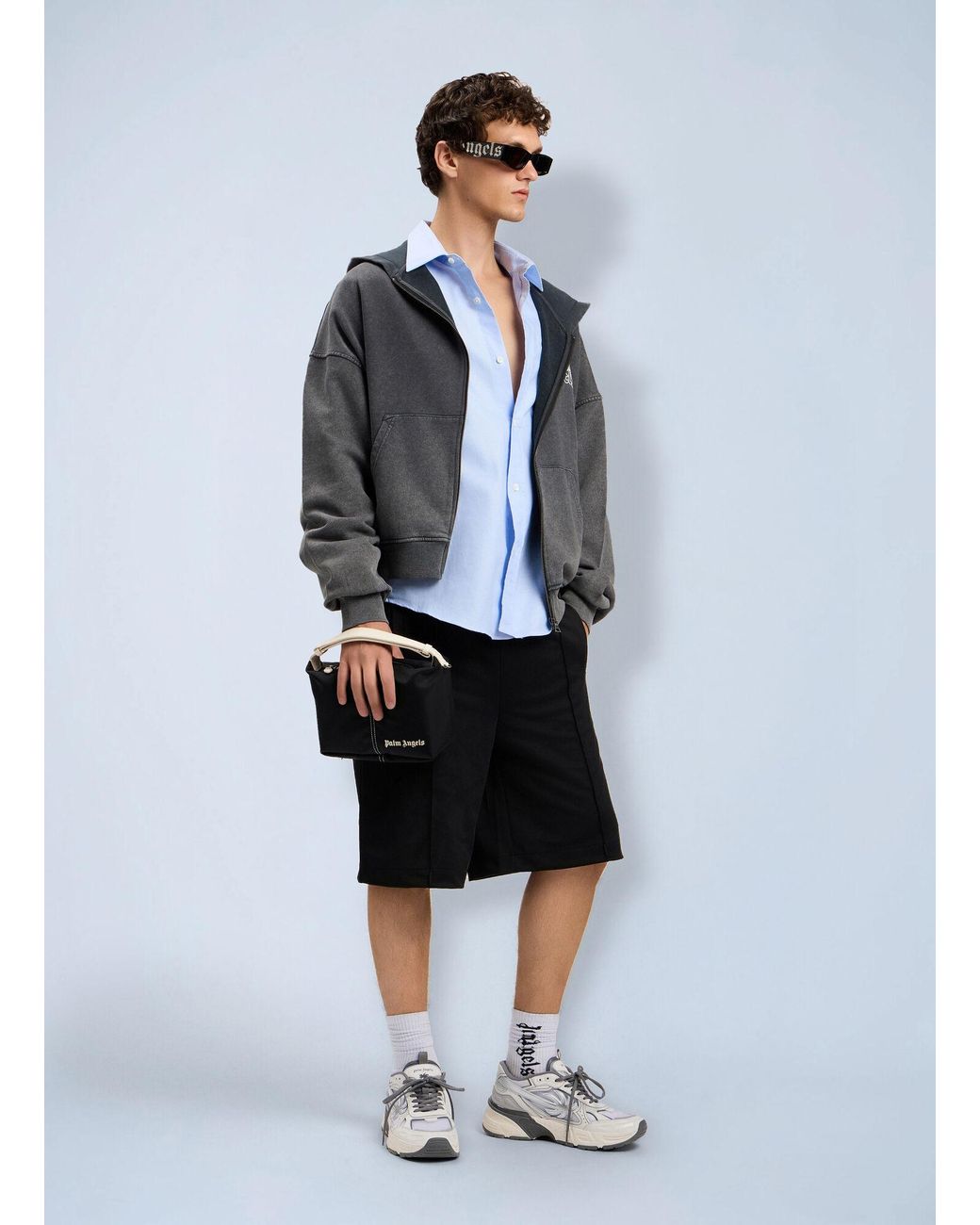 Palm Angels Gray Palm Leaf Loose Zip Hoodie for men