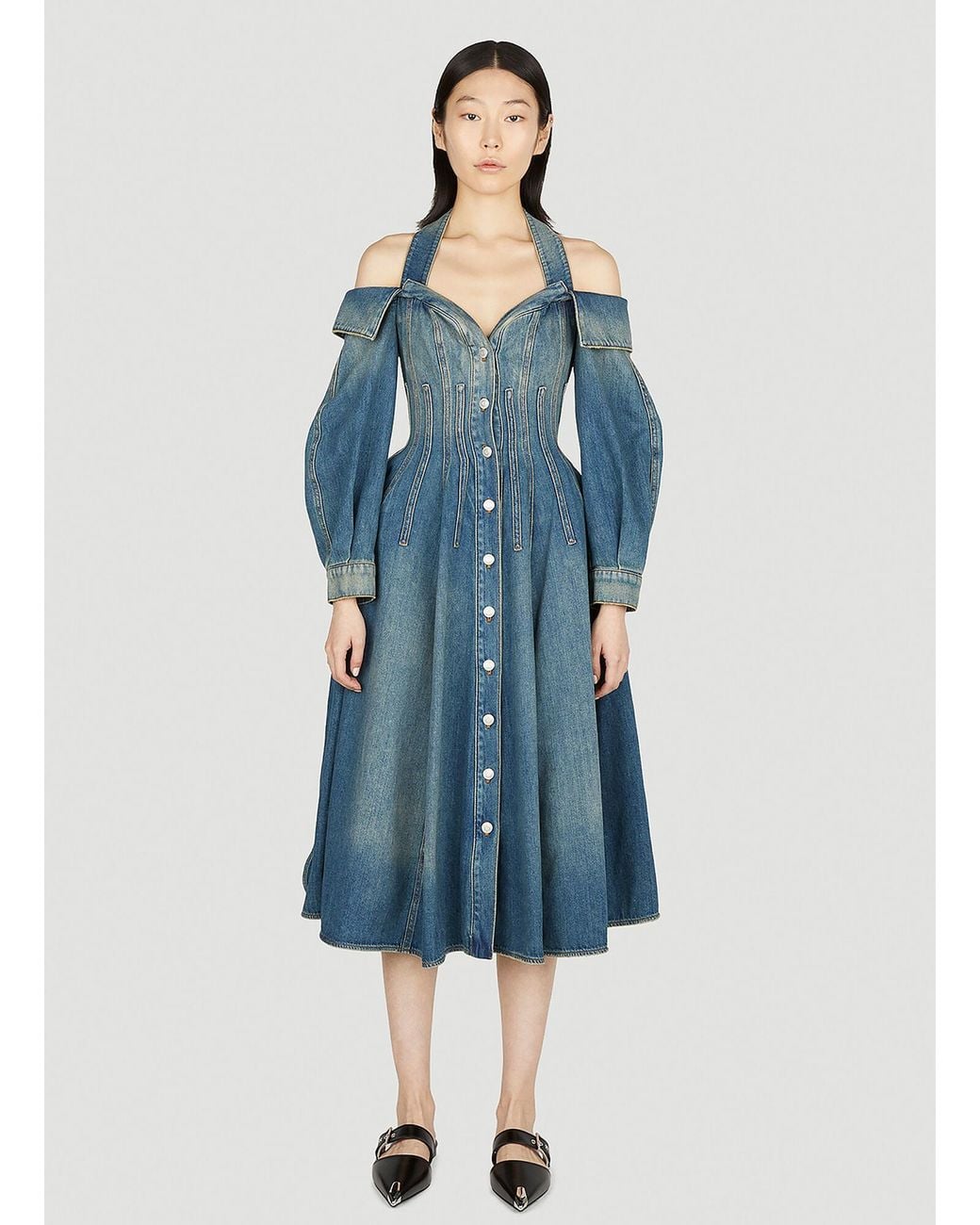 alexander mcqueen denim dress Women's Denim Asymmetric Mini Dress in Washed Blue