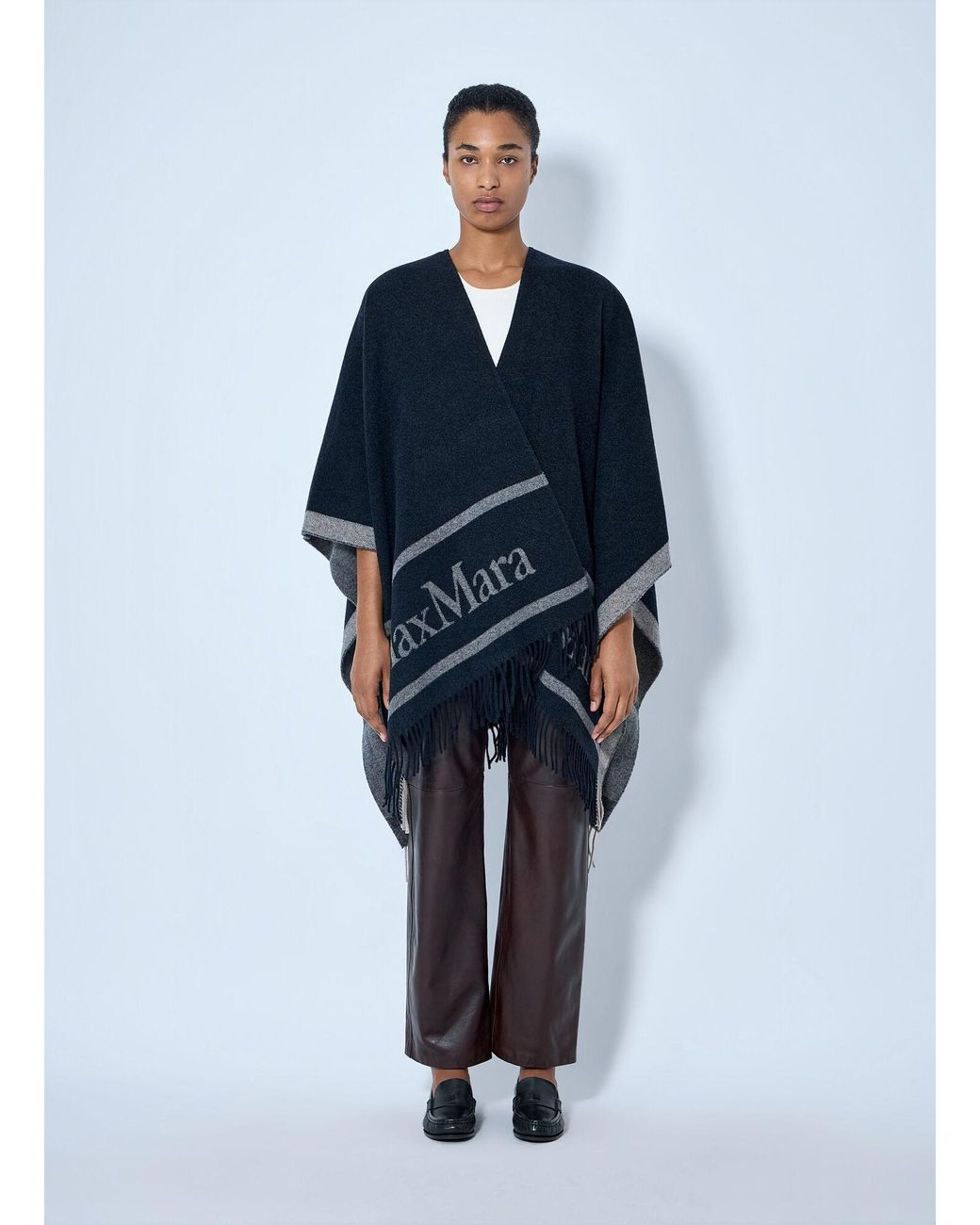 Max Mara Blue Fringed Wool Wrap